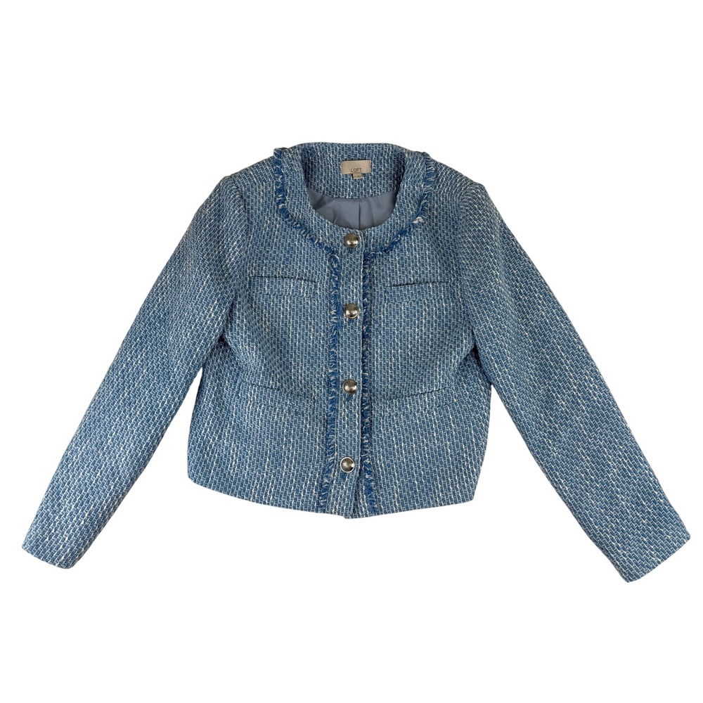 LOFT Tweed Jacket Women Medium Blue Fringed Crest Button Cropped Blazer